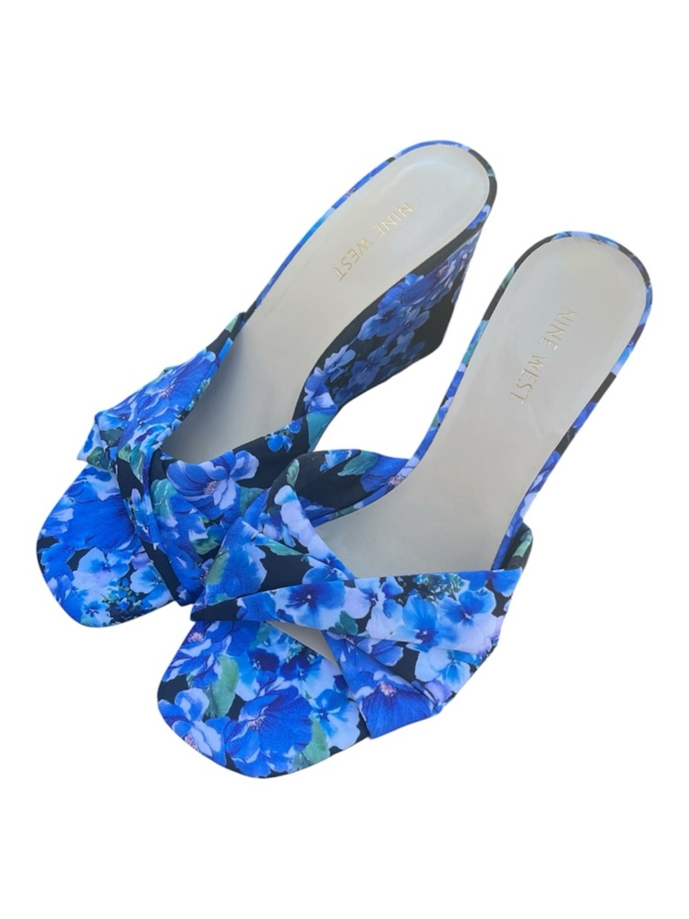 Nine West Floral Blue Wedge Sandals - Elegant Slip-On Heels - Picture 4 of 7